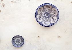 two white-and-blue ceramic dinnerware