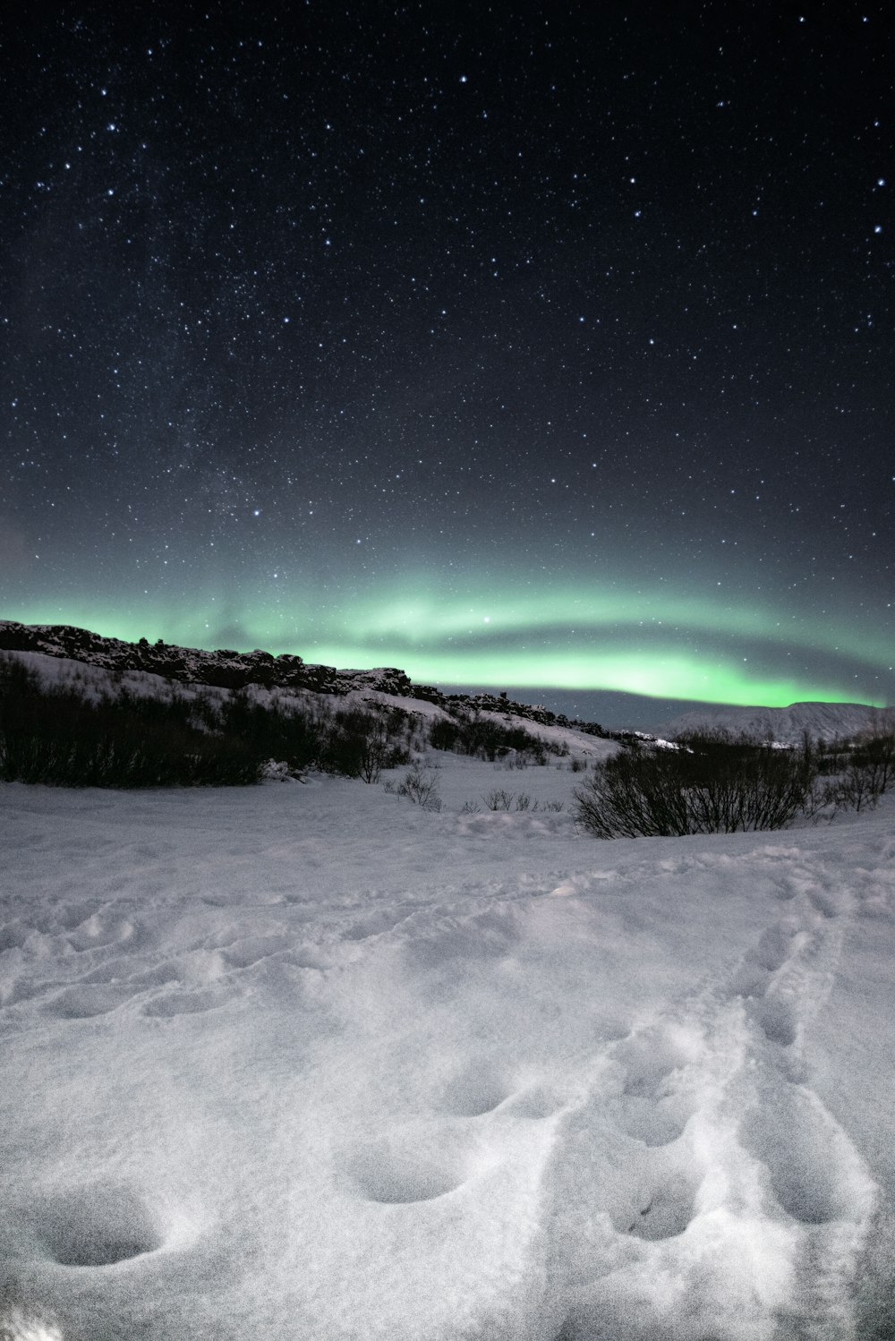 footprints on snow field during night