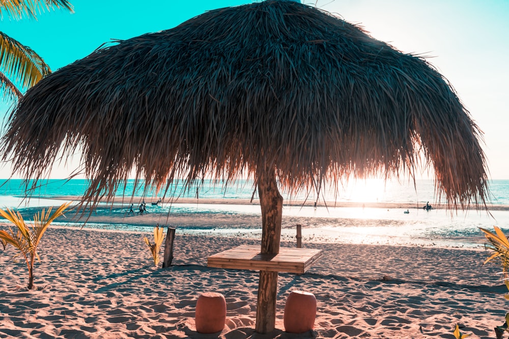 brown nipa tent on seashore during daytime