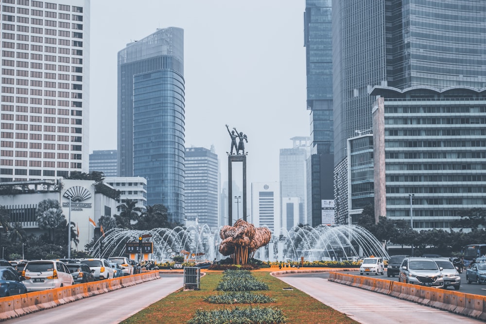 park with fountain near buildings