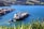 A large cargo ship is being guided by a smaller tugboat as it navigates through a vibrant blue harbor. Numerous shipping containers are stacked neatly at the port to the left, while lush green hills provide a picturesque backdrop. The foreground is adorned with tropical plants adding depth to the scene.