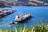 A large cargo ship is being guided by a smaller tugboat as it navigates through a vibrant blue harbor. Numerous shipping containers are stacked neatly at the port to the left, while lush green hills provide a picturesque backdrop. The foreground is adorned with tropical plants adding depth to the scene.