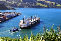 A large cargo ship is being guided by a smaller tugboat as it navigates through a vibrant blue harbor. Numerous shipping containers are stacked neatly at the port to the left, while lush green hills provide a picturesque backdrop. The foreground is adorned with tropical plants adding depth to the scene.