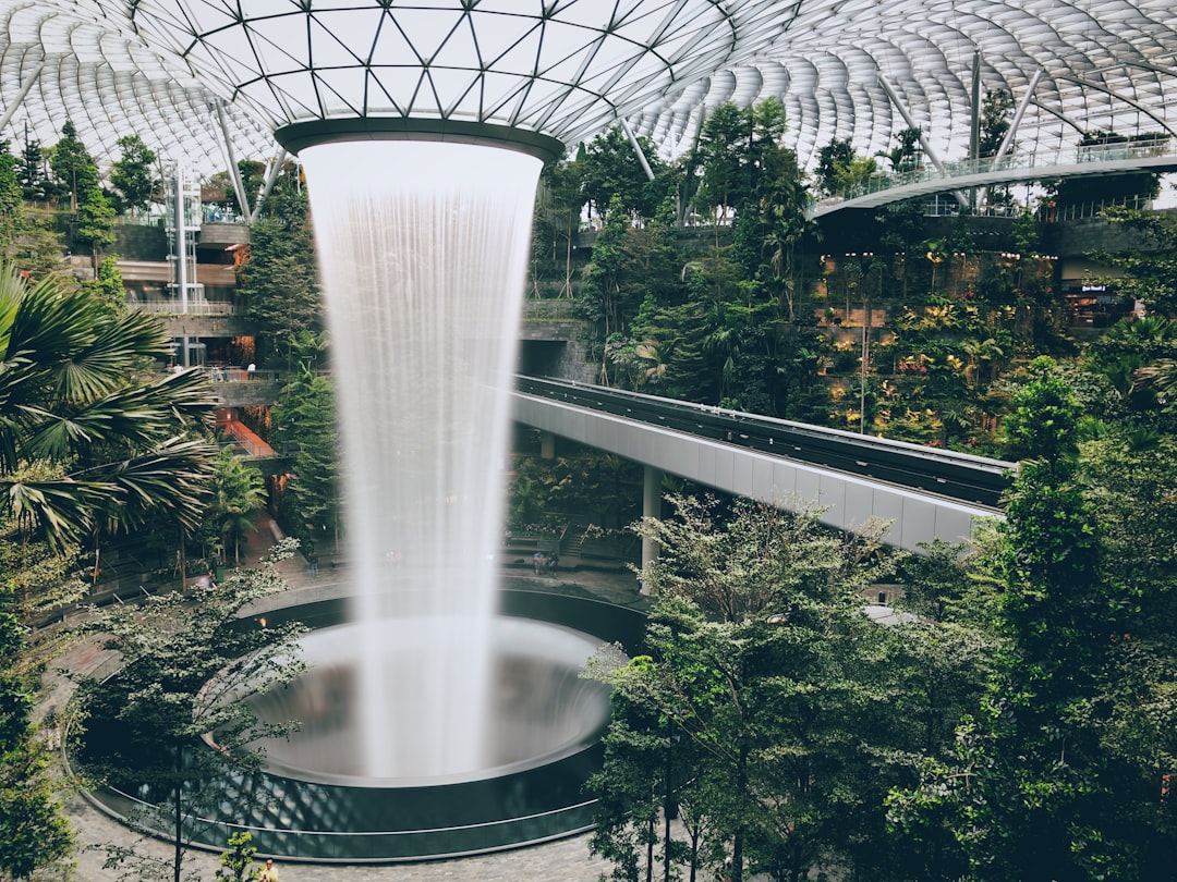 green trees in glass building, The Rain Vortex indoor waterfall at Singapore