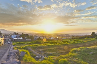 A vibrant sunset over the lush green surroundings of the township.