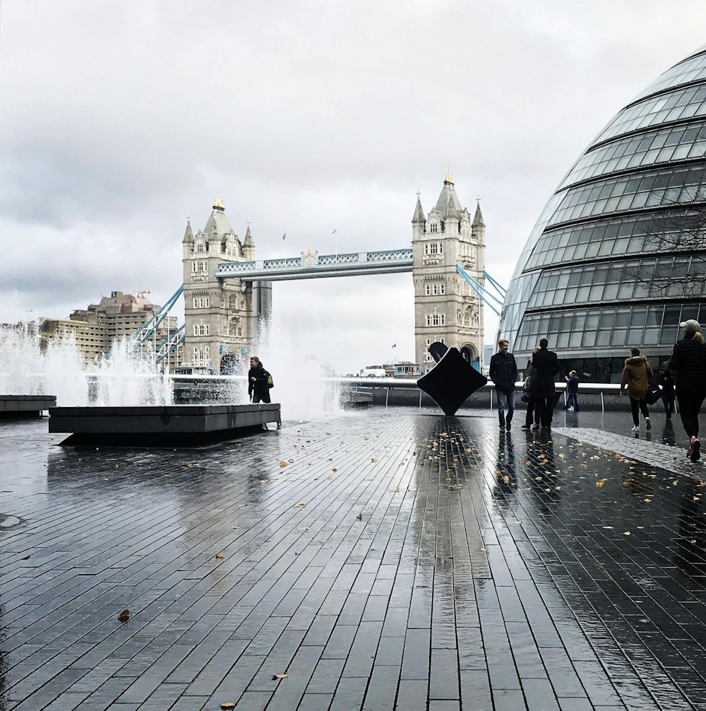 people walking near water fountain