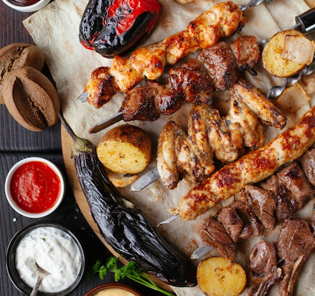 grilled meat and vegetable on the table