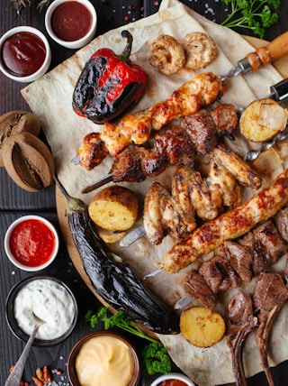 grilled meat and vegetable on the table