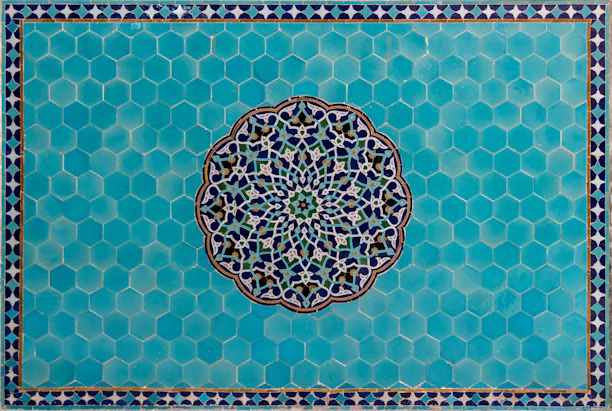 Colorful educational dashboard interface with Islamic geometric patterns and progress charts.
