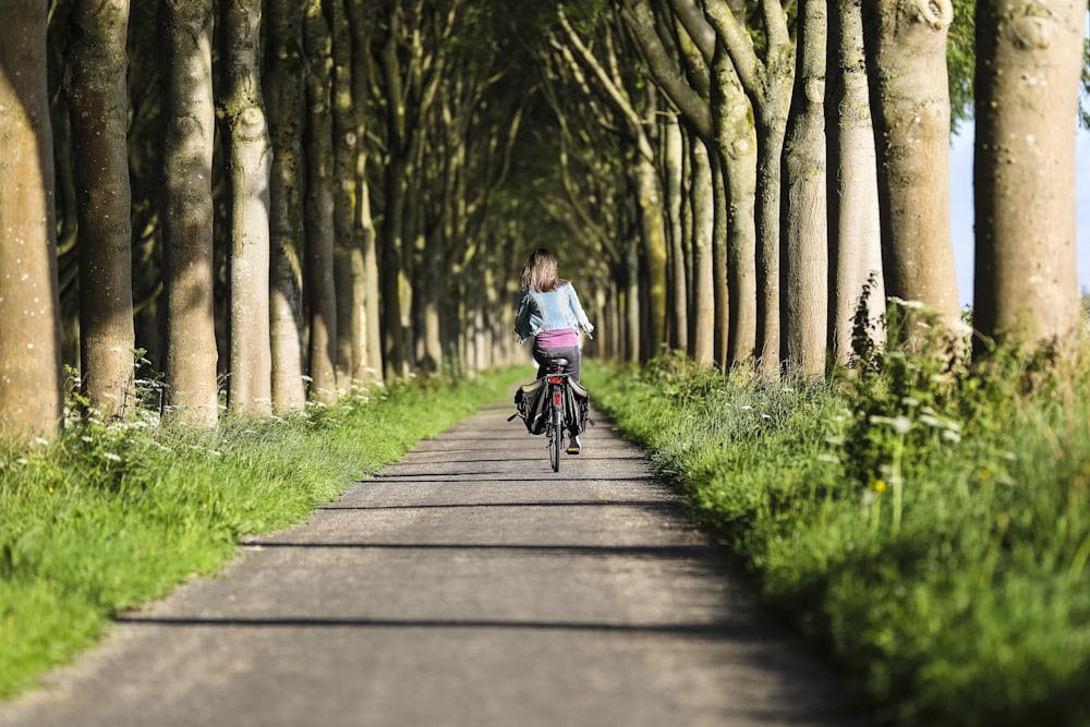 woman cycling in pathway under tree tunnel