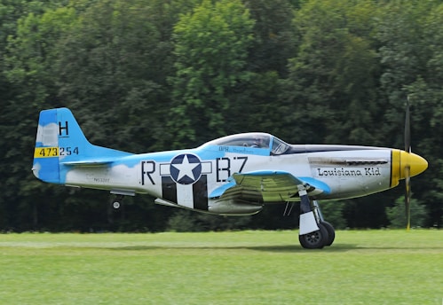 A vintage military aircraft with the words 'Louisiana Kid' painted on its side, parked on a grassy field. The plane features a blue tail fin, black-and-white stripes, and a star emblem. The surrounding background is a forest with dense green trees.
