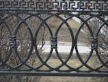 A black wrought iron fence with decorative scrollwork along a front yard.