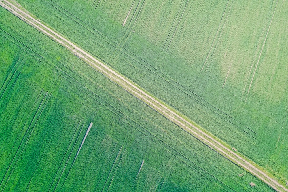 an aerial view of a green field with a road running through it