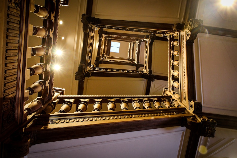 low angle photo of brown ceiling ]