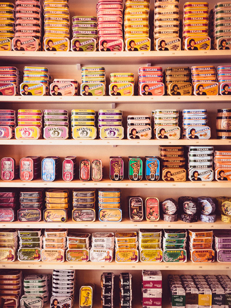 Packaged products lined up on a store shelf