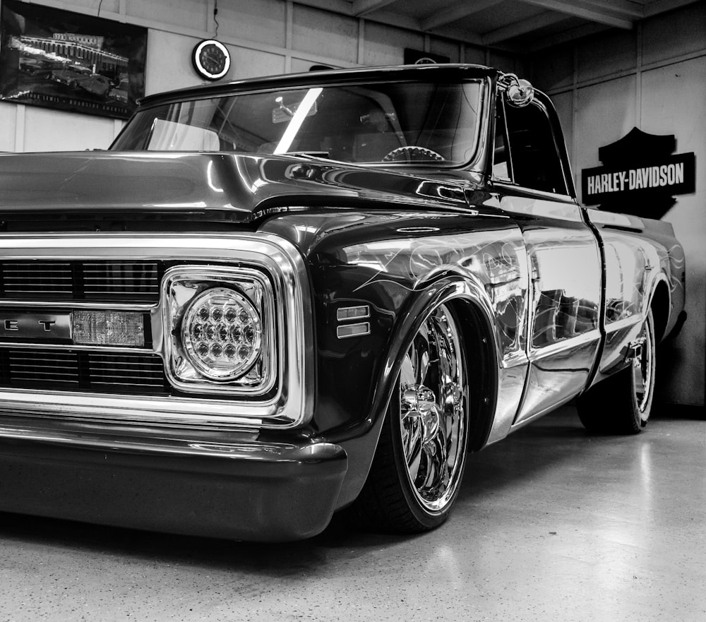 greyscale photography of pickup truck
