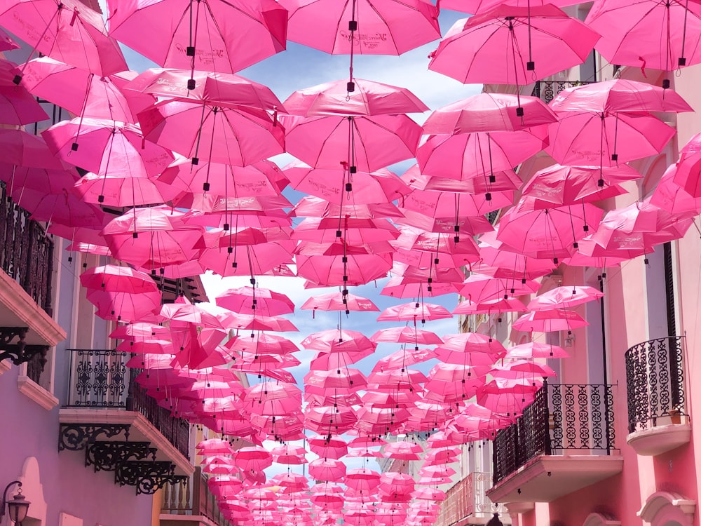 Aufgehängte rosa Regenschirme