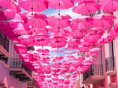 hanged pink umbrellas pink teams background