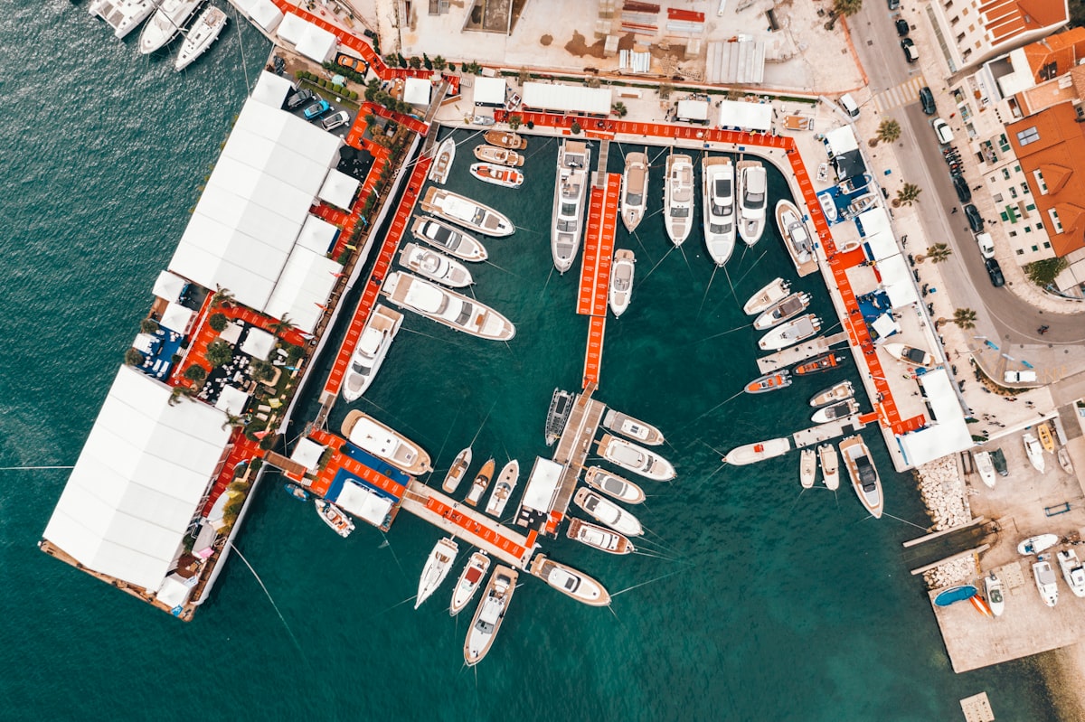 View over the marina, boats and Adriatic islands from the heights of Marjan Hill, Split, Croatia