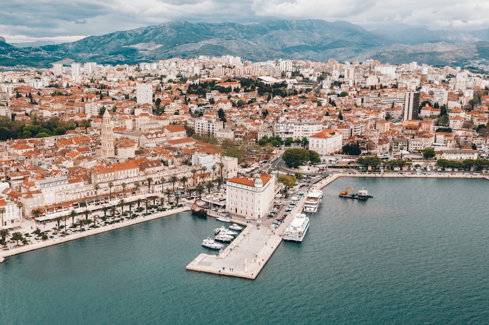 aerial view of building near body of water