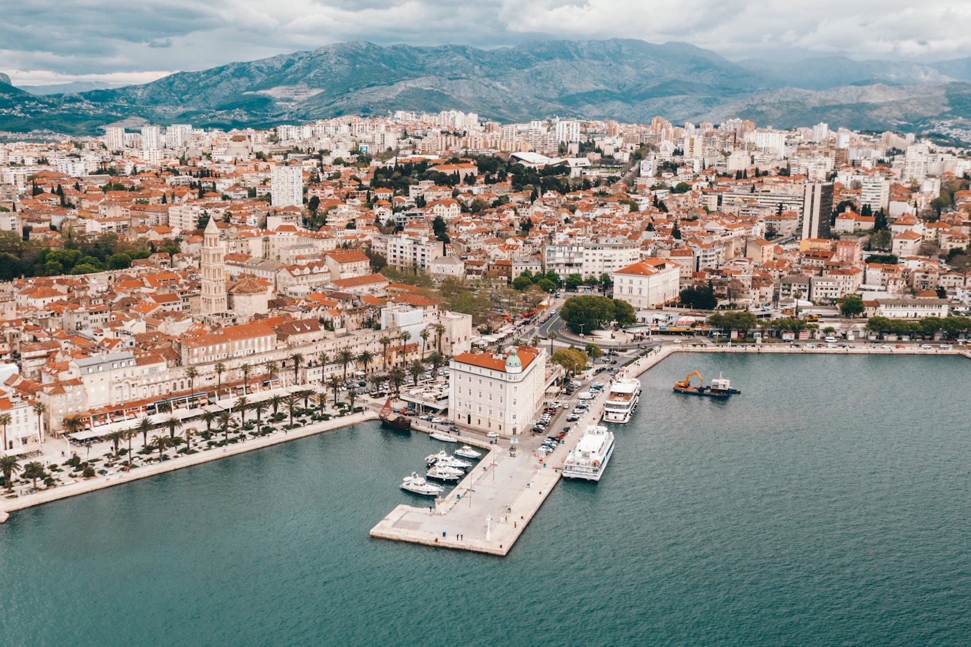 Aerial view of Split's harbor, marina, and Diocletian's Palace