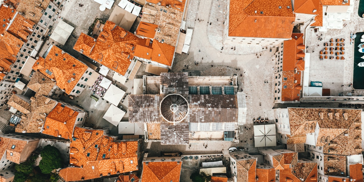 aerial view of houses with cathedral