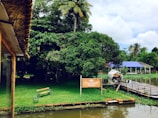 A serene riverside setting with lush greenery, a palm tree, and a sign for Punnamada Resort. A small wooden bench sits on the grassy bank by the water. A building with a blue roof and a covered boat are visible across a wooden dock.