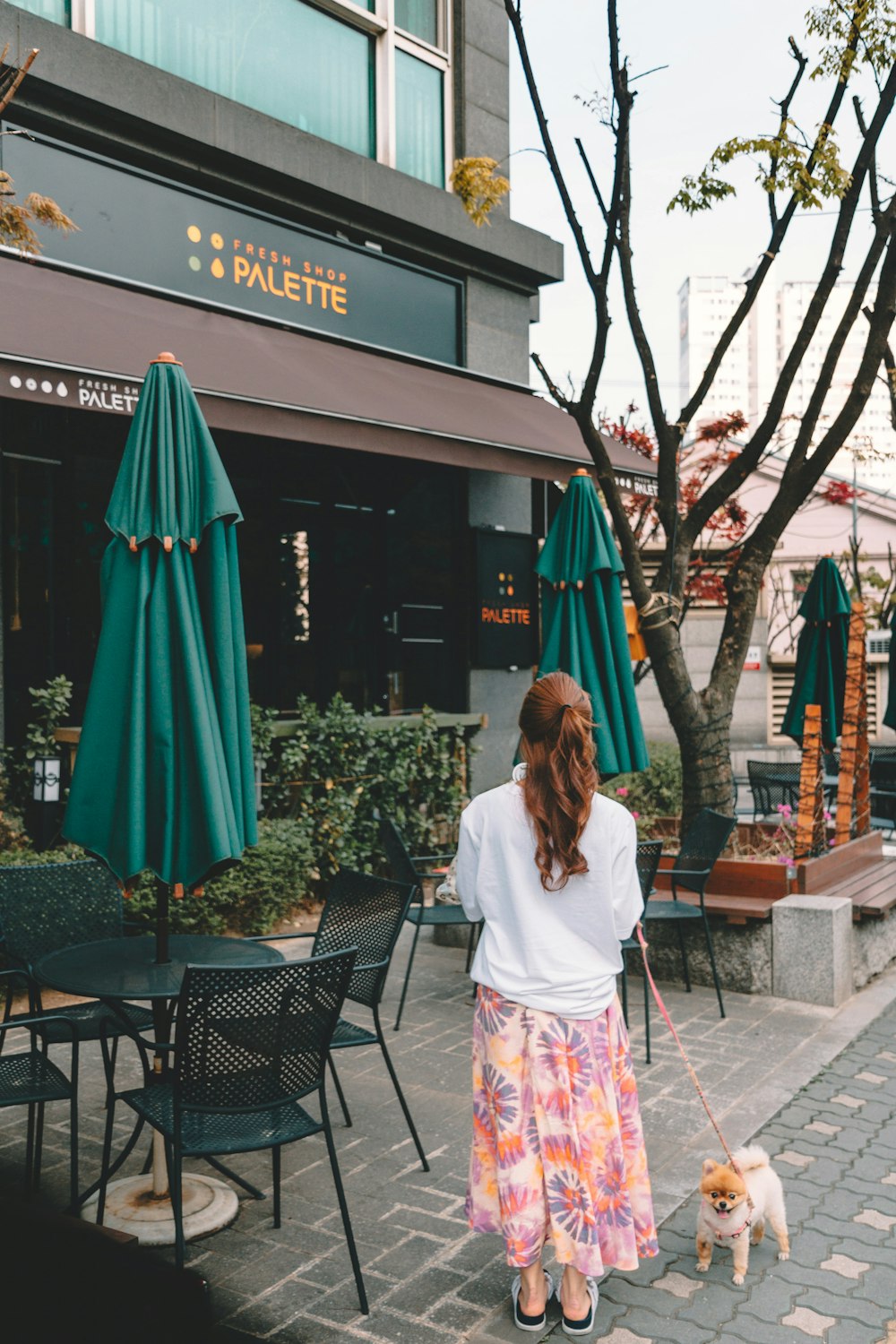 standing woman wearing white top holding leash of dog