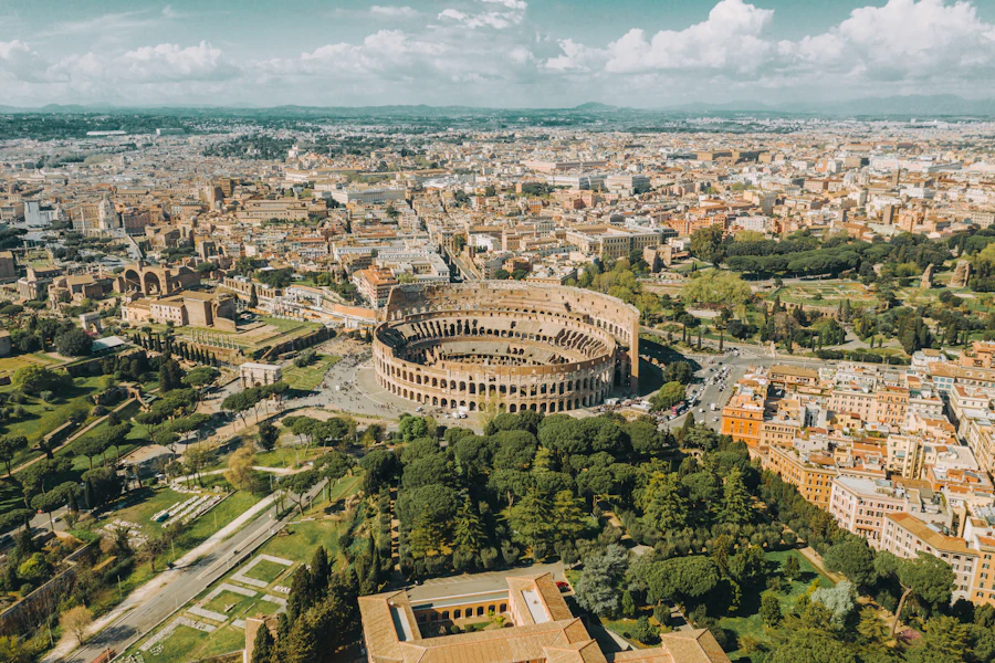 Rome from above, with the Colosseum among the rooftops