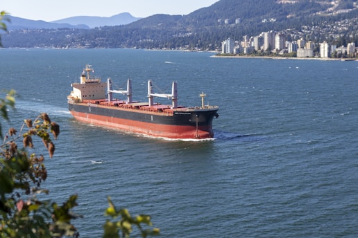 A large cargo ship sails through a body of water with a backdrop of forested mountains and a distant shoreline featuring tall buildings. The vessel is painted in black and red, contrasted against the deep blue of the water. In the foreground, leafy branches frame the left side of the image, providing a sense of depth and perspective.