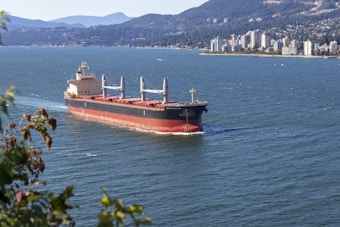 A large cargo ship sails through a body of water with a backdrop of forested mountains and a distant shoreline featuring tall buildings. The vessel is painted in black and red, contrasted against the deep blue of the water. In the foreground, leafy branches frame the left side of the image, providing a sense of depth and perspective.