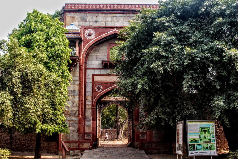 two green trees front of building