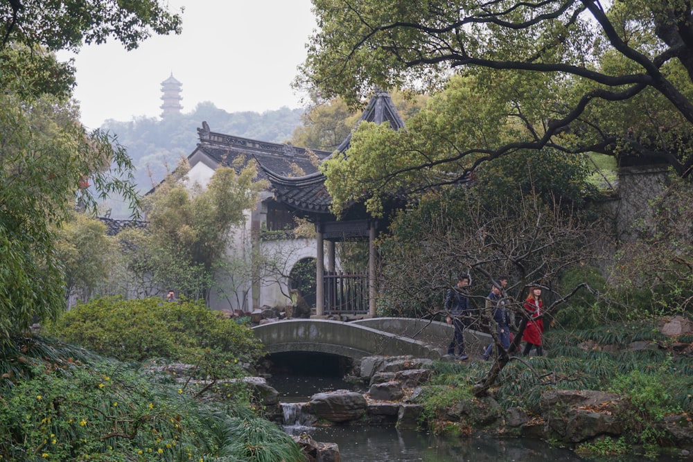 people walking on bridge