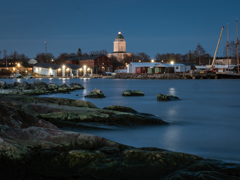 lighted buildings at night