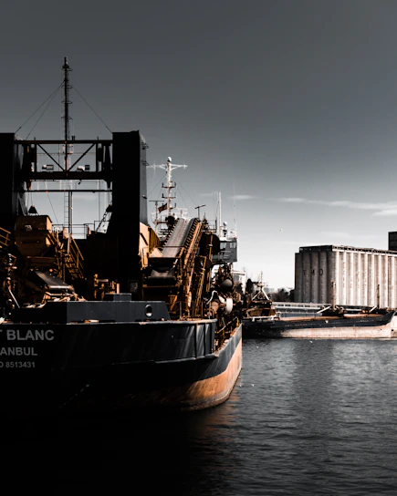 A bustling port with grain shipments being loaded onto cargo ships under a clear sky.