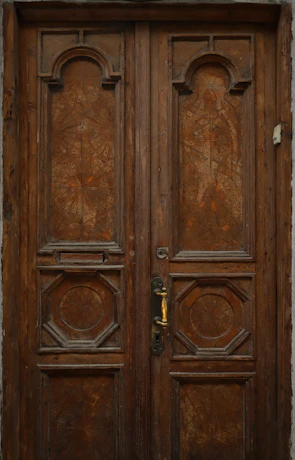 A classic wooden door with intricate carvings and a polished brass handle.