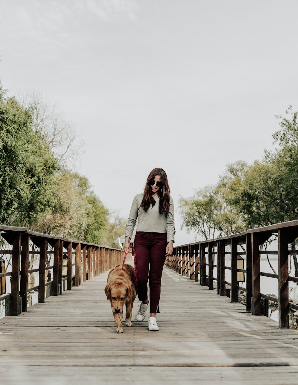 woman walking with adult golden retriever on brown wooden bridge