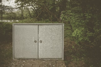 A metallic utility cabinet stands in a natural setting, surrounded by lush green foliage. The surface of the cabinet is weathered, with a textured, slightly rusty appearance. It is placed on a small paved area, indicating an outdoor installation, likely for electrical or telecommunications purposes.