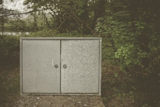 A metallic utility cabinet stands in a natural setting, surrounded by lush green foliage. The surface of the cabinet is weathered, with a textured, slightly rusty appearance. It is placed on a small paved area, indicating an outdoor installation, likely for electrical or telecommunications purposes.