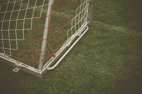 Close-up of a soccer ball resting on fresh green grass near goalposts.