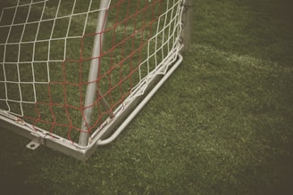 A close-up of a soccer ball on a field with goalposts in the background.