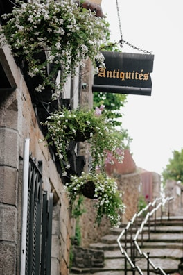 A quaint and narrow cobblestone street lined with stone buildings, featuring an antique shop sign with the word 'Antiquités' hanging from metal chains. Lush greenery and flowering plants spill over from window boxes, adding a colorful and lively touch to the otherwise rustic setting. The street ascends in a series of steps, bordered by metal railings, and leads to an unseen destination around a corner.
