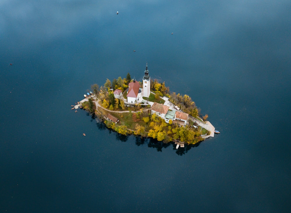 lighthouse on green islet with trees