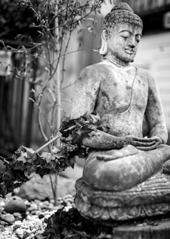 A stone statue of a seated Buddha in a meditative pose, surrounded by foliage and pebbles. The statue is detailed with curled hair and serene facial features, set against a blurred background.