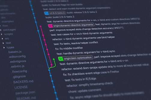 A computer screen displays a Git version control graph with branches and commits. Multiple colored lines and nodes indicate different branches merged and diverged. Text includes commit messages and details about changes made to the codebase. On the left, a list of directories and files relevant to a coding project is visible.