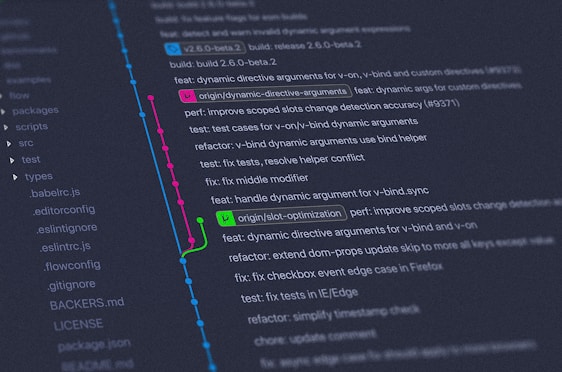 A computer screen displays a Git version control graph with branches and commits. Multiple colored lines and nodes indicate different branches merged and diverged. Text includes commit messages and details about changes made to the codebase. On the left, a list of directories and files relevant to a coding project is visible.