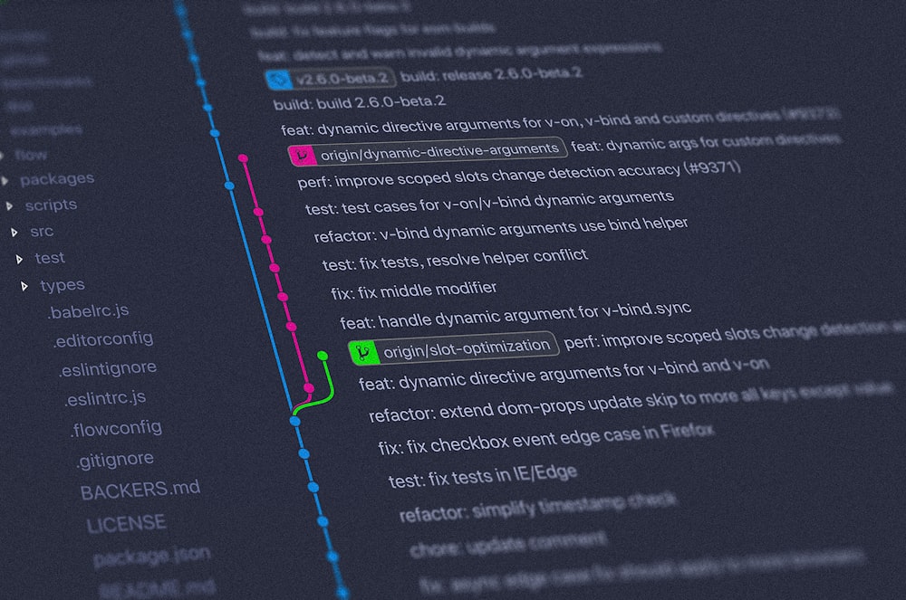 Version history displayed in a development workspace