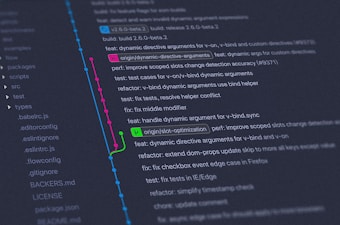 A computer screen displays a Git version control graph with branches and commits. Multiple colored lines and nodes indicate different branches merged and diverged. Text includes commit messages and details about changes made to the codebase. On the left, a list of directories and files relevant to a coding project is visible.