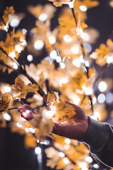 Hands gently holding glowing green leaves with a mystical golden aura.