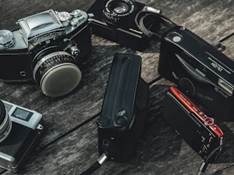 A collection of various camera models arranged neatly.